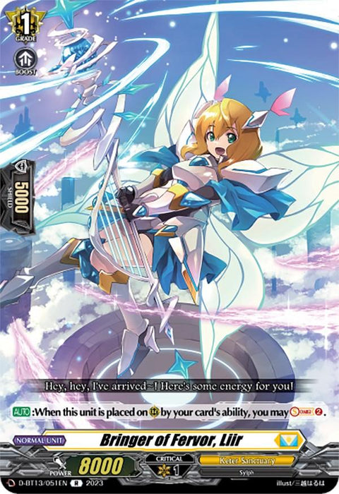 A fantasy-style card from the Bushiroad game "Cardfight!! Vanguard" featuring a character named "Bringer of Fervor, Liir (D-BT13/051EN) [Flight of Chakrabarthi]." This rare card showcases Liir with long blonde hair, fairy-like wings, and dressed in blue and white armor, holding an ornate harp. Her stats and abilities are displayed at the bottom and she belongs to Keter Sanctuary.