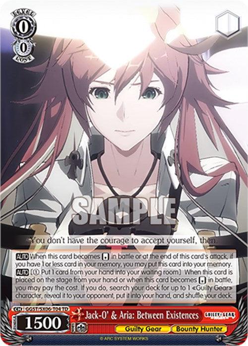 A collectible trading card featuring Jack-O' from Guilty Gear -Strive-. She has long pink hair styled into two ponytails and wears a futuristic outfit. The Character Card displays various stats and actions with a red and black border, along with "Sample" and details like "Bounty Hunter." This card is known as Jack-O' & Aria: Between Existences (GGST/SX06-T04 TD) [Guilty Gear -Strive-] from the brand Bushiroad.