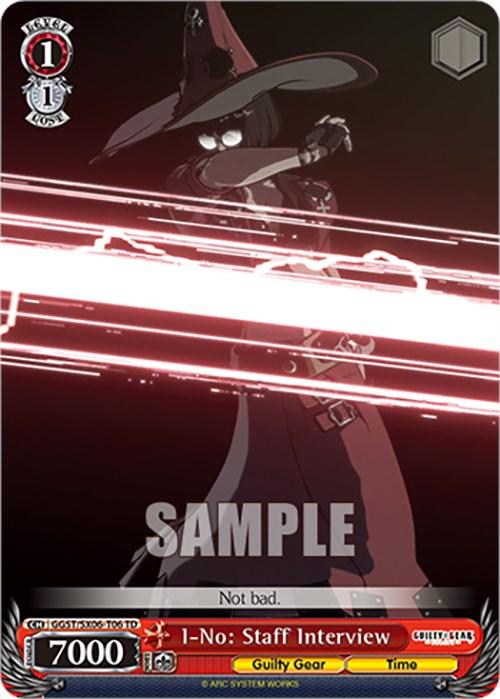 A Bushiroad Guilty Gear -Strive- Character Card features I-No in a witch-like outfit with a large hat, crossing her arms to create a red energy beam. The card includes the text "Not bad.", showcasing her power level (7000) and the title "I-No: Staff Interview (GGST/SX06-T06 TD) [Guilty Gear -Strive-]." Perfect addition to any Trial Deck.