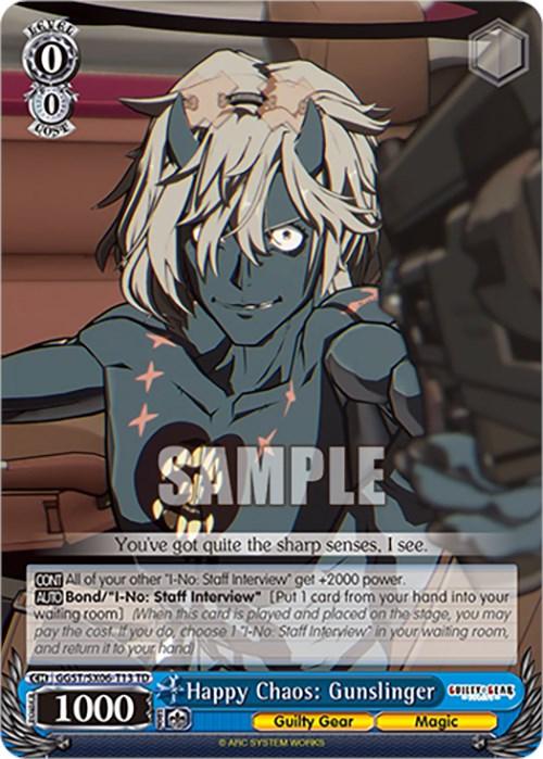 A trading card featuring "Happy Chaos: Gunslinger (GGST/SX06-T13 TD) [Guilty Gear -Strive-]" from Bushiroad. The character is a blue-skinned humanoid with white hair, wearing a headset, holding a gun, and sitting on a chair. This Character Card includes detailed gameplay text and stats, with a power level of 1000.
