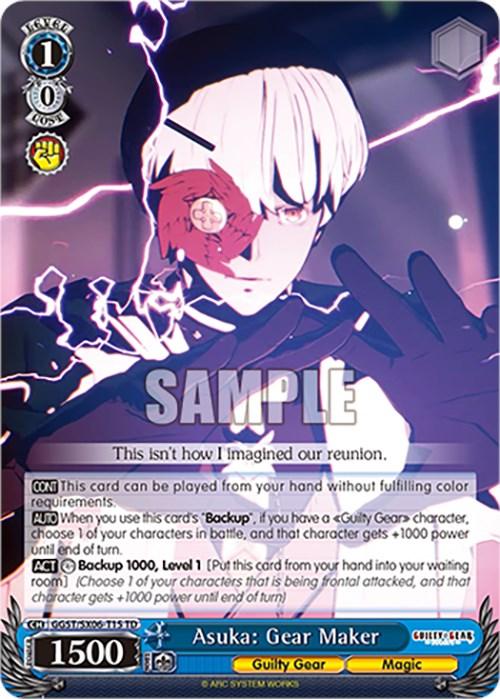 A trading card featuring Asuka: Gear Maker (GGST/SX06-T15 TD) [Guilty Gear -Strive-] from Bushiroad. The character has white hair, an eye patch, and a serious expression. The card has 1500 power and belongs to the Magic class. Text at the bottom provides gameplay instructions and special abilities. "SAMPLE" is written across the center.