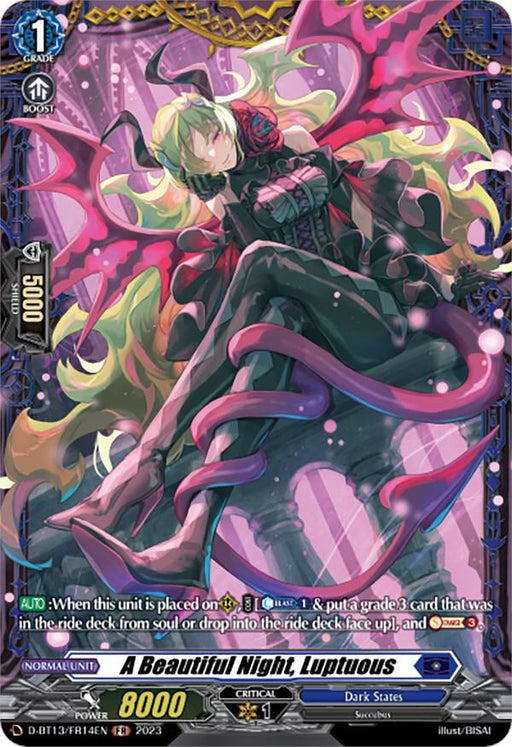 A fantasy trading card depicting "A Beautiful Night, Luptuous (FR) (D-BT13/FR14EN) [Flight of Chakrabarthi]" from the Dark States faction by Bushiroad. This Frame Rare card features an anime-style character with long, flowing pink hair, wearing a black and green elaborate outfit adorned with roses. The card has stats: Grade 1, 8000 Power, 5000 Shield, and 1 Critical.