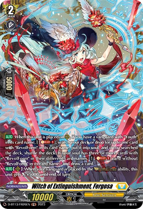 A detailed anime-style trading card named "Witch of Extinguishment, Fergosa (FR) (D-BT13/FR26EN) [Flight of Chakrabarthi]." The artwork features a mystical female character with long, teal hair and red eyes. She is dressed in an elaborate outfit with colorful feathers from Keter Sanctuary and wields a staff against a vibrant background. The Frame Rare card has stats like 10,000 power and 1 critical value. Text details by Bushiroad