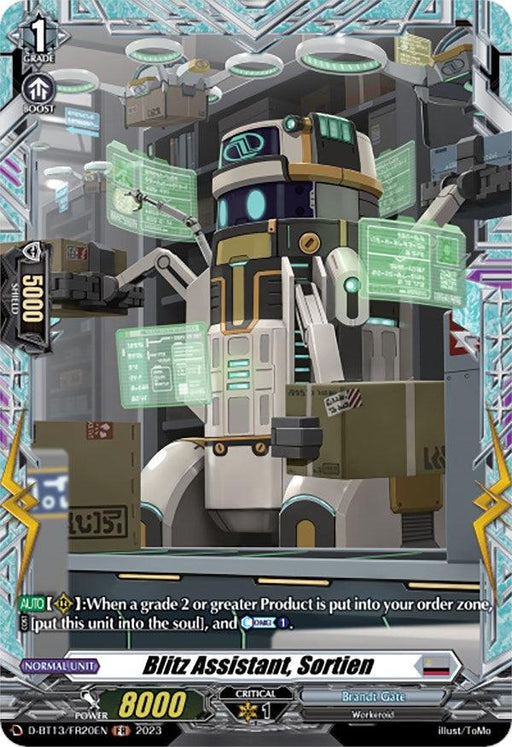 A Frame Rare trading card from Bushiroad's Cardfight!! Vanguard series, "Blitz Assistant, Sortien" (FR) (D-BT13/FR20EN) [Flight of Chakrabarthi], featuring an illustration of a futuristic robot equipped with various screens and gadgets in a high-tech Brandt Gate environment. The card boasts stats including a power of 8000.