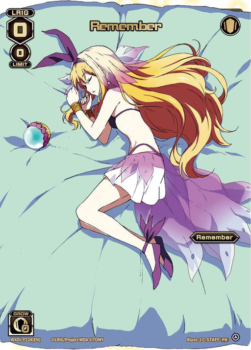 A fantasy promo card from the 2023 release depicts a serene scene of a sleeping young woman with long, flowing blonde hair. She is dressed in a white and purple outfit with a semi-transparent skirt and matching shoes. Clutching a small object close to her face while resting on her side, the text reads "Remember (Box Topper) (WXDi-P224[EN]) [Promo Cards]" by TOMY.