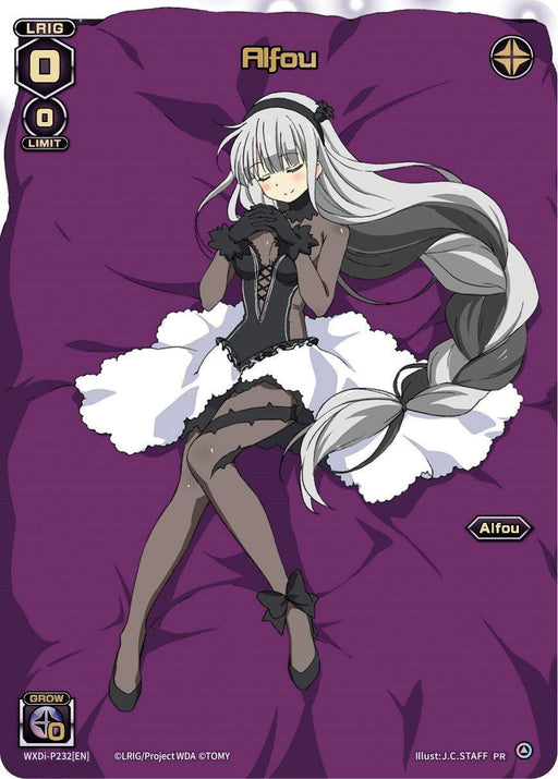 An anime-style character with long silver hair and gray eyes, named Alfou, lies on a dark purple bed. She wears a black and white frilly outfit with black gloves and stockings. The image features text indicating her name, "LRIG 0," "LIMIT," and "GROW 0." Art credits include JC, STAFF, WDA. Promo Cards release: Alfou (Box Topper) (WXDi-P232[EN]) [Promo Cards] by TOMY.