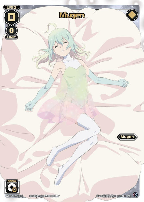 A trading card features an anime character named Mugen, from the LRIG series. The character has mint green hair and wears a light green translucent dress with pink accents and light blue gloves and socks. Mugen reclines with eyes closed on a bed of soft, white pillows. TOMY's Mugen (Box Topper) (WXDi-P234[EN]) [Promo Cards] to be released on 2023-12-01; the card background is metallic with various game stats.