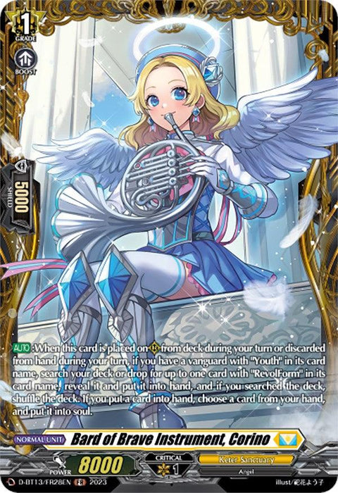 A Bushiroad Cardfight!! Vanguard trading card titled "Bard of Brave Instrument, Corino (FR) (D-BT13/FR28EN) [Flight of Chakrabarthi]" from the Keter Sanctuary series. It features a blonde woman in a white and blue outfit, playing a French horn. The Frame Rare card is Grade 1 with 8000 power and 5000 shield. Detailed game instructions are written below the image.
