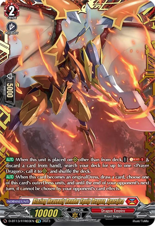 The image shows a Blazing Heavenly Render Equip Dragon, Aparajea (FFR) (D-BT13/FRR03EN) [Flight of Chakrabarthi], a Grade 2 Dragon Empire card from a trading card game by Bushiroad. The dragon is depicted with intricate golden and red armor, wings extended. Text detailing the card’s abilities and stats (10000 power, 5000 shield, 1 critical) is displayed at the bottom.