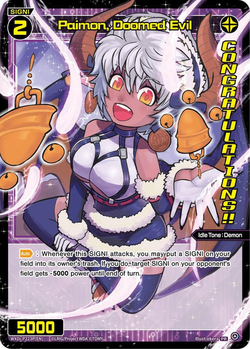 An anime-style promo card depicts Paimon, Doomed Evil (October 2023) (Winner) (WXDi-P223P[EN]) [Promo Cards] from TOMY, a character with white hair, horns, and an open-mouthed, excited expression. Clawed hands hold a staff. The card features vibrant colors, with a background text reading “CONGRATULATIONS!!" and game mechanics detailing the SIGNI character's abilities.