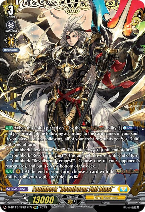 A detailed card from the game Cardfight!! Vanguard. It features Youthberk "RevolForm: Full Blast" (FFR) (D-BT13/FRR12EN) [Flight of Chakrabarthi], a Double Frame Rare Grade 3 unit with black and gold armor, a flowing white cape, and wielding an intricately designed sword. The card includes text boxes with skills and stats, including a power of 13000. The brand behind this expressive card is Bushiroad.