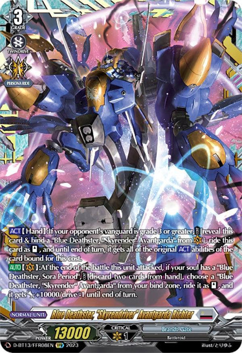 A fantasy-themed trading card features a towering, blue-armored robotic warrior adorned with intricate, shining gold accents. The background displays a dreamy, colorful landscape reminiscent of Brandt Gate. Various game stats and abilities are listed at the card's bottom, with its name: "Blue Deathster, 'Skyrendriver' Avantgarda Richter (FFR) (D-BT13/FRR08EN) [Flight of Chakrabarthi]" prominently shown.