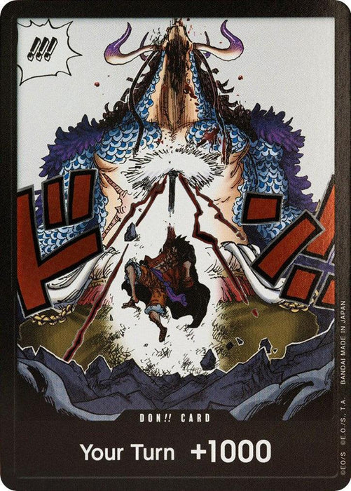 A Bandai DON!! Card (Alternate Art) [Awakening of the New Era] features a dramatic scene with a large, muscular creature with blue scales, horns, and a fiery mane, unleashing powerful energy. A smaller figure is thrown back from the impact. Bold Japanese text "ドン!!" (Don!!) is prominently displayed. Bottom text reads "Your Turn +1000". Release Date: 2023-12-08.