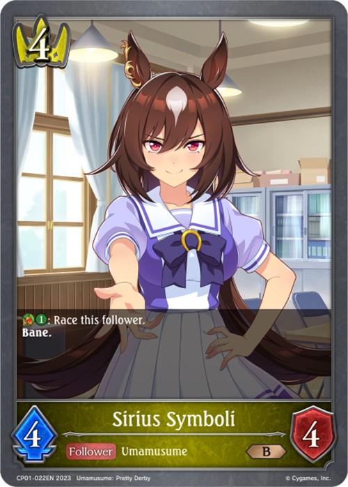 A digital card from the game "Umamusume: Pretty Derby" features "Sirius Symboli." The character has brown hair with horse ears and purple eyes. She's depicted in a sailor-style dress with a blue ribbon, extending her hand forward. The Bushiroad Sirius SymbolI (CP01-022EN) [Umamusume: Pretty Derby] card stats are 4/4, with abilities "Race this follower," and "Bane.