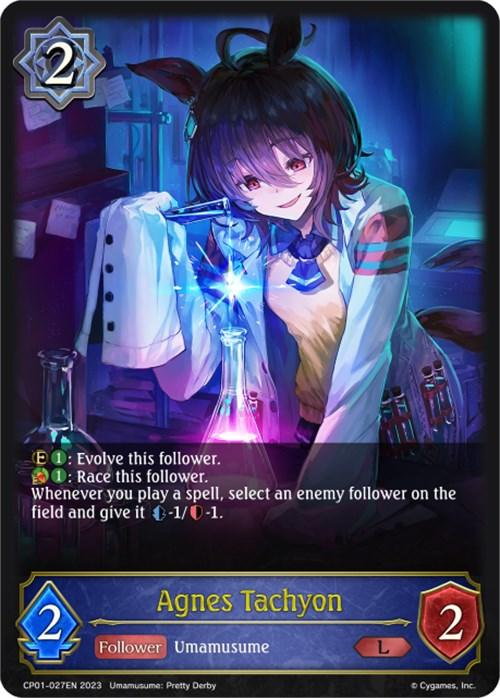 A legendary trading card features "Agnes Tachyon," a character with dark hair, red eyes, and cat ears, donning a lab coat and wielding a glowing vial. The card, Agnes Tachyon (CP01-027EN) [Umamusume: Pretty Derby] from Bushiroad, has stats of 2 cost, 2 attack, and 2 defense. Abilities include evolving, racing, and applying a