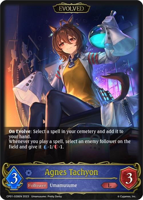 An anime-style card from the game Shadowverse features the legendary Agnes Tachyon (CP01-028EN) [Umamusume: Pretty Derby] from Bushiroad in evolved form, like her appearance in Umamusume: Pretty Derby. She has long brown hair with horse-like ears and wears a yellow and blue outfit. The text details her abilities, and her stats are 3 attack, 3 defense, and a follower type.