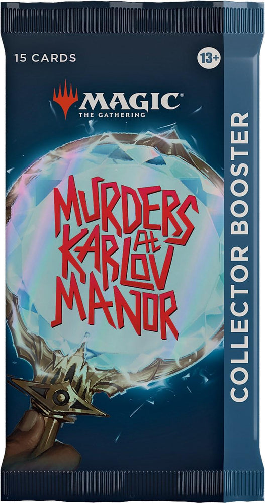 The image shows a sealed **"Murders at Karlov Manor - Collector Booster Pack"** from **Magic: The Gathering**, featuring 15 cards. The packaging boasts a dark, mysterious design with a prominent crystal ball and is intended for ages 13 and up.