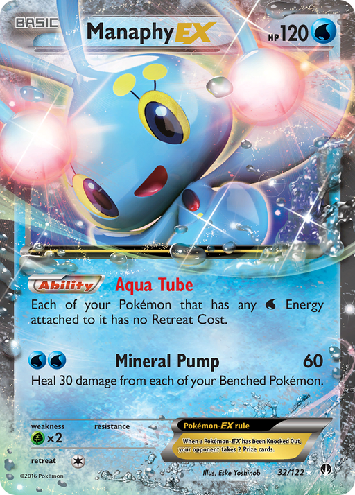 A Pokémon trading card, named Manaphy EX (32/122) from the XY: BREAKpoint series, showcases an ultra-rare Manaphy. This aquatic, blue Pokémon with large eyes has 120 HP and features the Aqua Tube ability and a Mineral Pump attack with a power of 60. The card also includes in-game rules for EX cards.