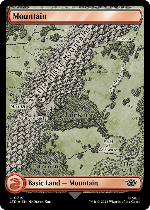 A Magic: The Gathering card featuring a map of Middle-earth with the heading "Mountain." The map highlights regions including the Misty Mountains, Lorien, Moria, and Fangorn. The lower third of the card displays the text "Basic Land — Mountain," celebrating Mountain (719) (Surge Foil) [The Lord of the Rings: Tales of Middle-Earth] from Magic: The Gathering.