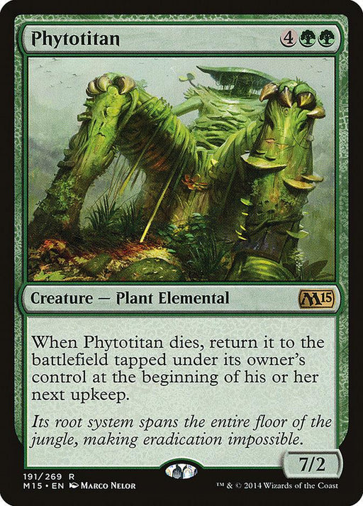 A Magic: The Gathering card titled "Phytotitan [Magic 2015]" from Magic: The Gathering. It costs 4 green and 2 colorless mana. The art depicts a colossal Creature — Plant Elemental with towering limbs covered in foliage. This rare card can return tapped at the next upkeep and has a power/toughness of 7/2.