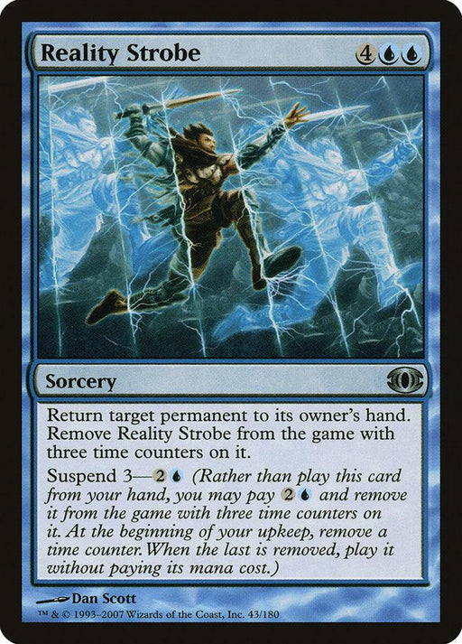 A Magic: The Gathering card named Reality Strobe [Future Sight] from the Magic: The Gathering set. The art shows a person being struck by beams of blue lightning. Its effect: "Return target permanent to its owner’s hand. Suspend 3—2U." As a Blue Sorcery card, it features a blue border.