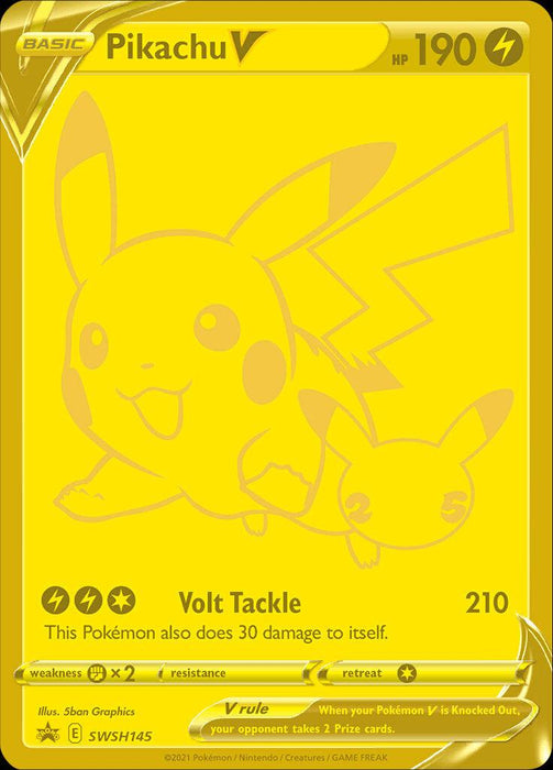 A Pokémon card featuring a Pikachu V (SWSH145) (Celebrations) [Sword & Shield: Black Star Promos] from the Pokémon. Pikachu is illustrated in a dynamic pose with vibrant yellow and black lightning elements. It has 190 HP and uses the ability "Volt Tackle" which does 210 damage and causes 30 damage to itself. It's a "Basic" type card and has weakness to fighting types.