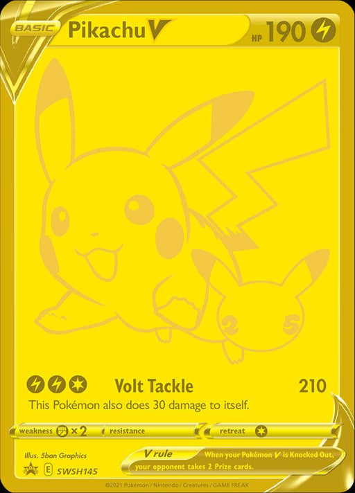 A Pokémon card featuring a Pikachu V (SWSH145) (Celebrations) [Sword & Shield: Black Star Promos] from the Pokémon. Pikachu is illustrated in a dynamic pose with vibrant yellow and black lightning elements. It has 190 HP and uses the ability "Volt Tackle" which does 210 damage and causes 30 damage to itself. It's a "Basic" type card and has weakness to fighting types.