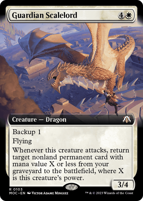 A Magic: The Gathering card titled "Guardian Scalelord (Extended Art) [March of the Machine Commander]," from the *March of the Machine Commander* set, depicts a soaring dragon with outstretched wings over a hazy, mountainous landscape. This rare card costs 4W to cast and has 3 power and 4 toughness. It boasts abilities like "Backup 1," "Flying," and a graveyard retrieval effect.