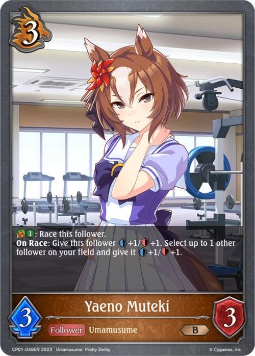 A trading card titled "Yaeno Muteki (CP01-049EN) [Umamusume: Pretty Derby]" from Bushiroad. The character, a young woman with fox-like ears and brown hair adorned with a red and white flower, stands in a gym with weight equipment. The card features attributes, text boxes, and a blue border indicating it is a "Follower" type card.