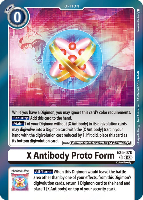 The image shows a digital card from a game called "Digimon Card Game." The Super Rare card titled "X Antibody Proto Form [EX5-070] [Animal Colosseum]" features an atom-like symbol with colorful orbs. The description details how to use the card, explaining security effects, digivolution, and inherited effects.