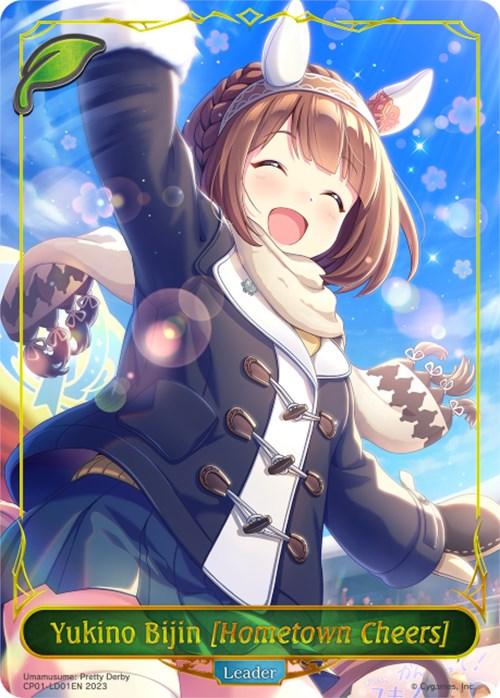 A cheerful anime-style character with animal ears and a tail is depicted jumping into the air with a joyful expression, reminiscent of a spirited Umamusume: Pretty Derby racer. She wears a dark coat with toggle buttons, a light scarf, and a braided hairstyle. The background features a blue sky with clouds and sparkling effects. Text at the bottom reads, "Yukino Bijin [Hometown Cheers] (CP01-LD01) [Umamusume: Pretty Derby]" by Bushiroad.