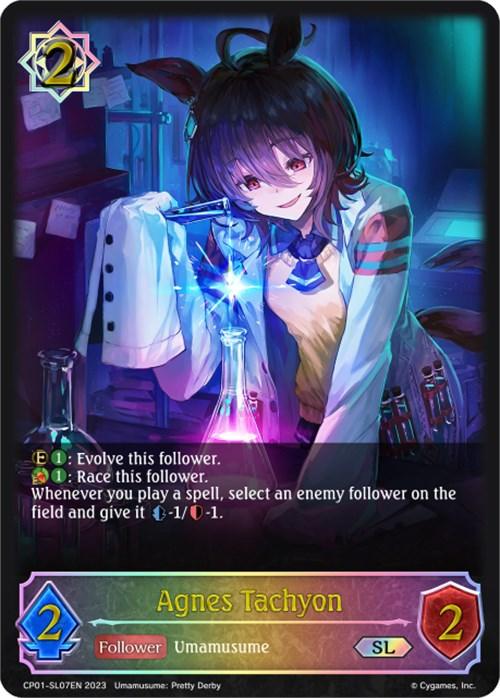 A colorful card from the game features the Super Legendary young character Agnes Tachyon with a mischievous smile. She has dark hair with animal-like ears and is dressed in a lab coat. The background is a vibrant laboratory. The card details include stats and abilities highlighted for gameplay. This particular card is the Agnes Tachyon (CP01-SL07EN) [Umamusume: Pretty Derby] from Bushiroad.