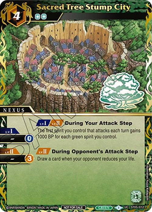 A card titled "Sacred Tree Stump City (Finalist Card Set Vol. 3) (ST05-012) [Launch & Event Promos]" from Bandai, with a close-up illustration of a city built within a large tree stump. This green Spirit card type Nexus features game mechanics, showing "Lv1" and "Lv2" abilities for "During Your Attack Step" and an additional Lv2 ability for "During Opponent's Attack Step.