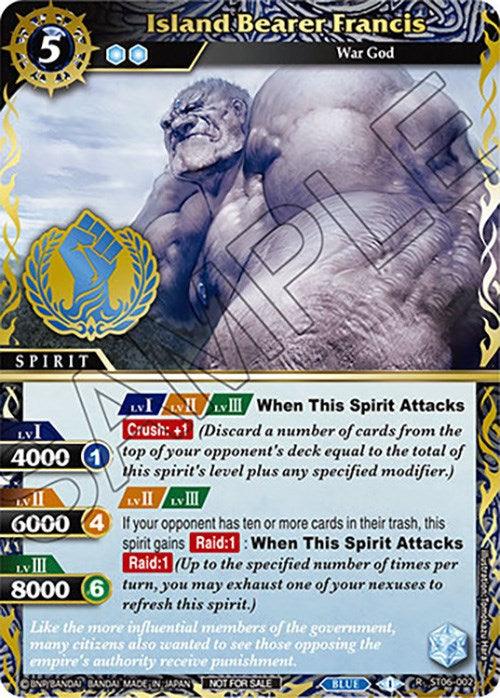 The image showcases a rare card named "Island Bearer Francis (Finalist Card Set Vol. 3) (ST06-002) [Launch & Event Promos]" by Bandai with the subtitle "War God Spirit." This trading card portrays a powerful, humanoid creature resembling a giant gorilla with blue-grey skin and a muscular build. Its abilities, attack power, and defense stats are displayed in colorful boxes, complemented by decorative elements like a golden border and rank symbols.