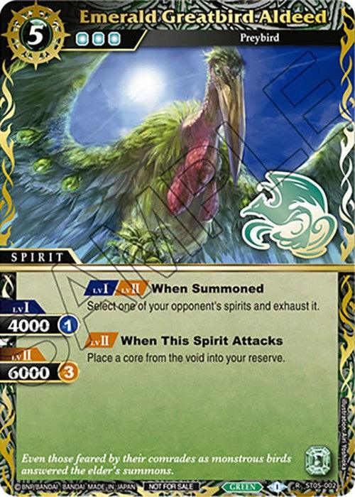 A rare card, "Emerald Greatbird Aldeed (Finalist Card Set Vol. 3) (ST05-002) [Launch & Event Promos]," from Bandai features a menacing green preybird spirit with a long beak. With a cost of 5, it boasts 4000 BP at level 1 and 6000 BP at level 2. The bird has powerful abilities when summoned and attacks, framed by gold and green borders.