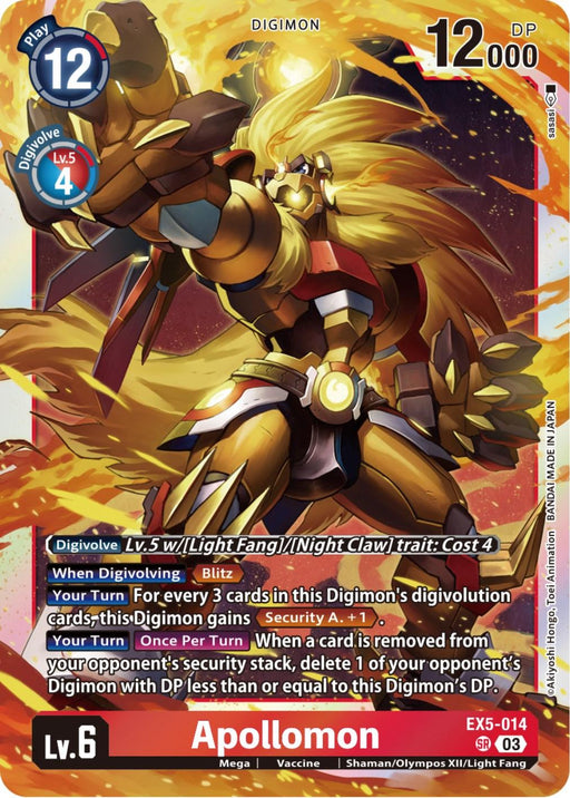 A dynamic Digimon trading card featuring Apollomon [EX5-014] [Animal Colosseum], a Level 6 Mega Digimon with 12,000 DP. This Super Rare card showcases vibrant artwork of Apollomon in a powerful stance, surrounded by flames. Key details include Digivolution cost, special abilities when evolving, and a unique security attack boost.