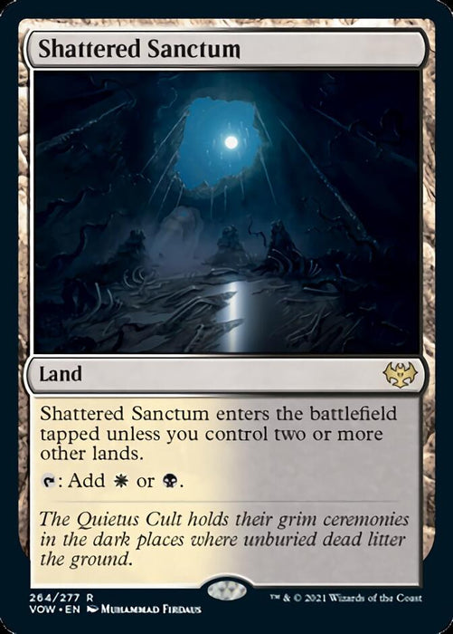 The image displays a Magic: The Gathering card named "Shattered Sanctum [Innistrad: Crimson Vow]". This rare land card features an illustration of a dark, eerie cave with arched rock formations and a sky illuminated by a dark, glowing moon. The card's effect stipulates that it enters the battlefield tapped unless specific conditions are fulfilled.