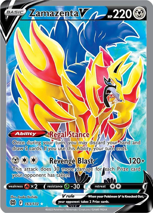 A Pokémon Zamazenta V (163/172) [Sword & Shield: Brilliant Stars] trading card featuring Zamazenta V with 220 HP from the Sword & Shield: Brilliant Stars set. The card displays colorful artwork of the majestic, armored Metal-type Pokémon in red and yellow hues. It includes two abilities: "Regal Stance" and "Revenge Blast." This Ultra Rare card is numbered 163/172, illustrated by Ayaka Yoshida.