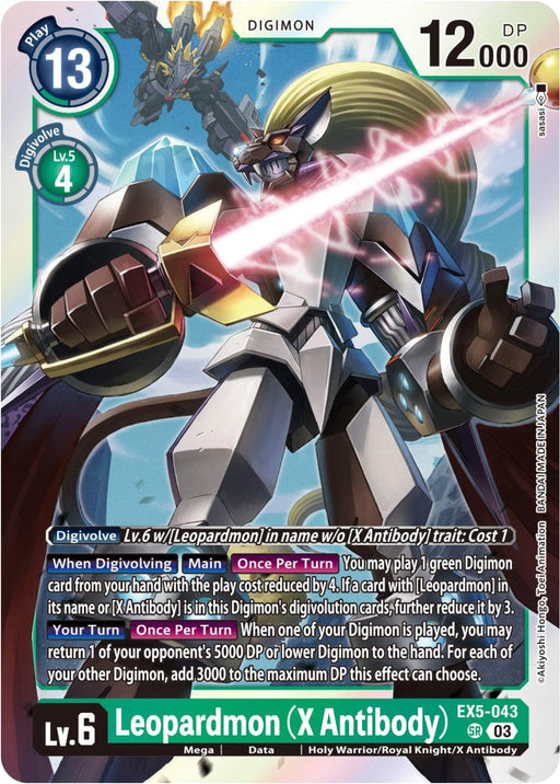 A Digimon trading card of Leopardmon (X Antibody) [EX5-043] [Animal Colosseum]. The card showcases Leopardmon, a humanoid machine with sleek armor and claws, in a dynamic pose, ready for action. Key details include Level 6, Play 13, DP 12,000, Digivolve 4 cost, and special abilities detailed in the text.
