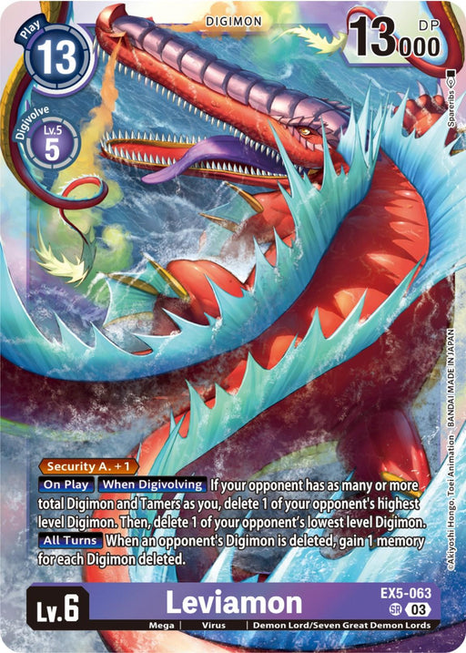 A Leviamon [EX5-063] [Animal Colosseum] trading card from Digimon features Leviamon, a large red dragon with a massive mouth and sharp teeth, emerging from the water. The card indicates it's level 6 with 13,000 DP. Various in-game abilities and details such as "When Digivolving" and "On Play" are listed in the text boxes.