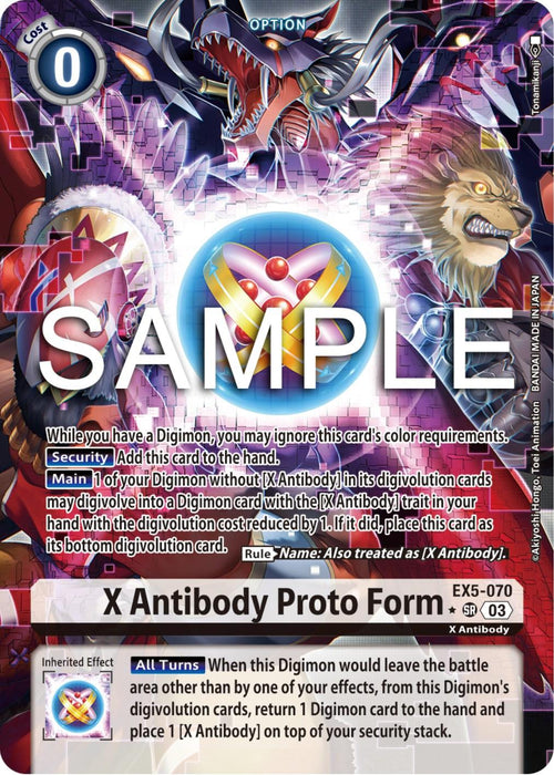 The image features a Digimon card titled “X Antibody Proto Form [EX5-070] (Alternate Art) [Animal Colosseum].” The card, marked EX5-070, includes a unique crest, a fierce Digimon illustration, game mechanics, and details about cost, security, and effect. Its background showcases various Digimon portraits. A "SAMPLE" watermark is present.