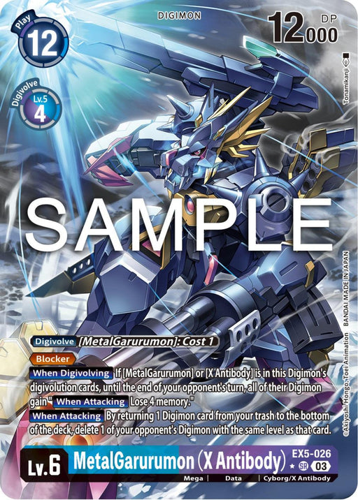 A Digimon MetalGarurumon (X Antibody) [EX5-026] (Alternate Art) [Animal Colosseum] trading card featuring MetalGarurumon (X Antibody). The card shows an armored, mechanized wolf-like creature with blue and white colors, flight capabilities, and ice and missile weapons. It includes play cost, DP value, Digivolve requirements, abilities, and Lv.6 classification.