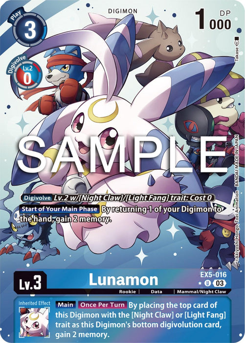 The Digimon trading card features Lunamon [EX5-016] (Alternate Art) from the Animal Colosseum series, depicting a white rabbit-like creature with large pink-tipped ears, blue eyes, and pink gloves. The card showcases various stats including Play: 3, Digivolve Lv.2, DP: 1000, and Level: 3, as well as its effects and inherited effects. The word "SAMPLE" is prominently overlaid on the image.