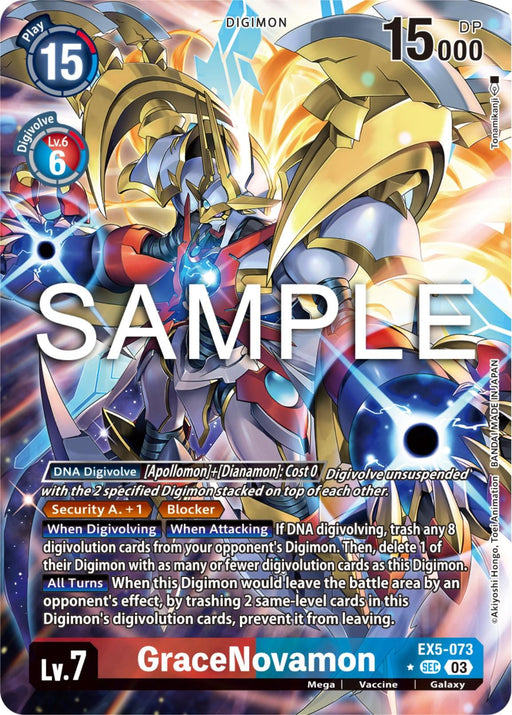 A Digimon card featuring "GraceNovamon," a powerful character with intricate golden armor and large wings. This Secret Rare card, GraceNovamon [EX5-073] (Alternate Art) [Animal Colosseum], displays details like "Lv. 7," "15 Play Cost," "15,000 DP," and special abilities including DNA Digivolve conditions and attack effects, against a dynamic cosmic background.