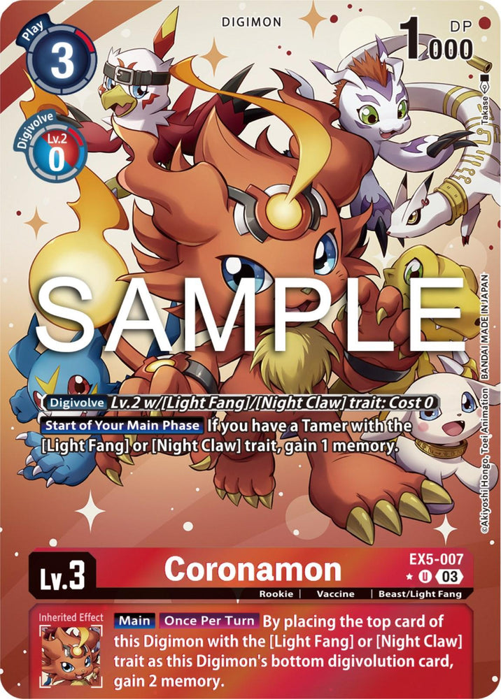 A Digimon card for **"Coronamon [EX5-007] (Alternate Art)" from the Animal Colosseum series**. The card showcases Coronamon, a lion-like creature with a fiery mane, along with three smaller Digimon in the background. Graded "Lv.3," it has a "3" play cost and "1000" DP, including abilities, digivolution requirements, and an inheritance effect.