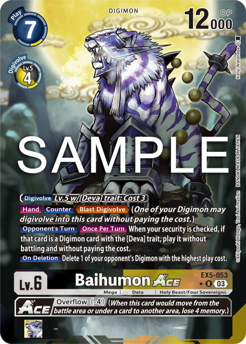 A rare Digimon trading card featuring Baihumon Ace [EX5-053] (Alternate Art) [Animal Colosseum]. As a Holy Beast and one of the Four Sovereigns, Baihumon is illustrated as a powerful, white tiger-like creature with blue and purple accents and mechanical features. The card has a play cost of 7, a digivolution cost of 4, 12,000 DP, and belongs to the EX.