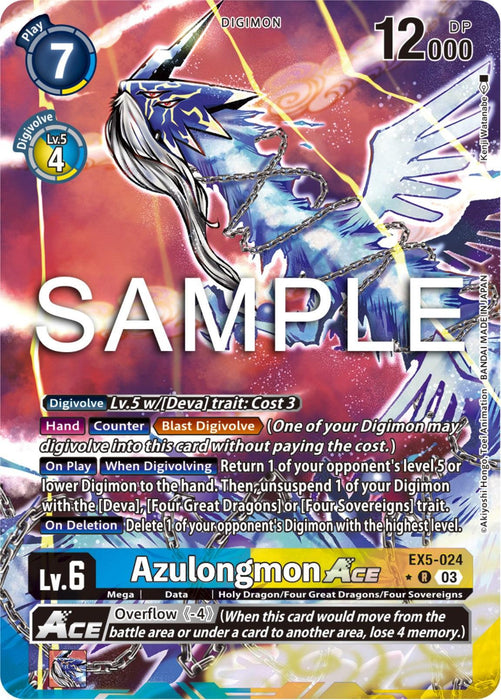 Image shows a Digimon trading card for "Azulongmon Ace [EX5-024] (Alternate Art) [Animal Colosseum]," an imposing Holy Dragon. The card showcases dynamic artwork of Azulongmon in an action-packed pose, highlighted by blue and white tones. Key stats are Play Cost 7, DP 12000, and Level 6. Additional abilities, effects, and attributes are detailed on the card.