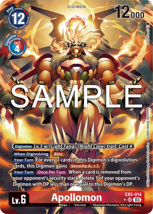 A Digimon Apollomon [EX5-014] (Alternate Art) [Animal Colosseum] trading card featuring Apollomon. The card shows a powerful, muscular creature with a lion-like face, large claws, and a fiery mane. It has a play cost of 12, 12000 DP, and Digivolve cost of 4 from level 5 with Blitz and other abilities detailed at the bottom.