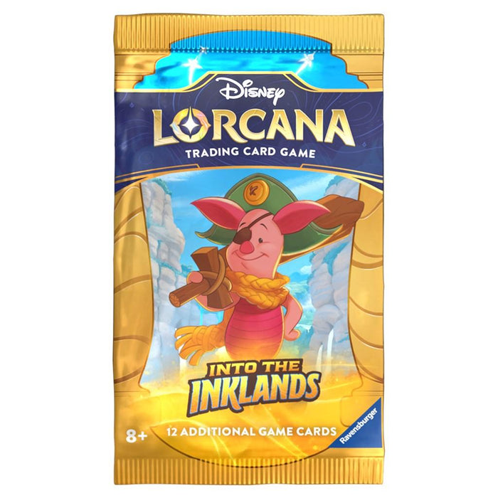 A Disney Into the Inklands - Booster Pack from the "Into the Inklands" set. The front showcases Piglet in an adventurer’s outfit, holding a map. Predominantly yellow and blue, the pack contains 12 additional game cards and is suitable for ages 8+.