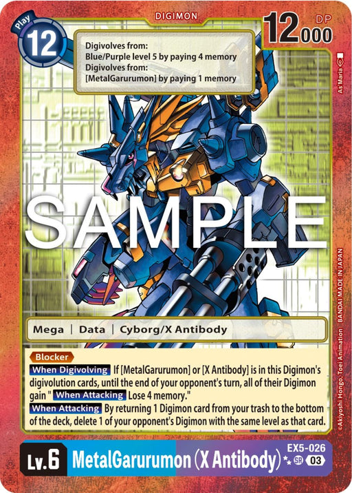 A Digimon MetalGarurumon (X Antibody) [EX5-026] (2 Star Alternate Art) [Animal Colosseum] card featuring MetalGarurumon (X Antibody). The predominantly blue card shimmers with a holographic effect. MetalGarurumon, a robotic, wolf-like creature bristling with weaponry and armor, has a play cost of 12 and 12,000 DP. It's level 6, type Mega, Data/Cyborg/X Antibody, with